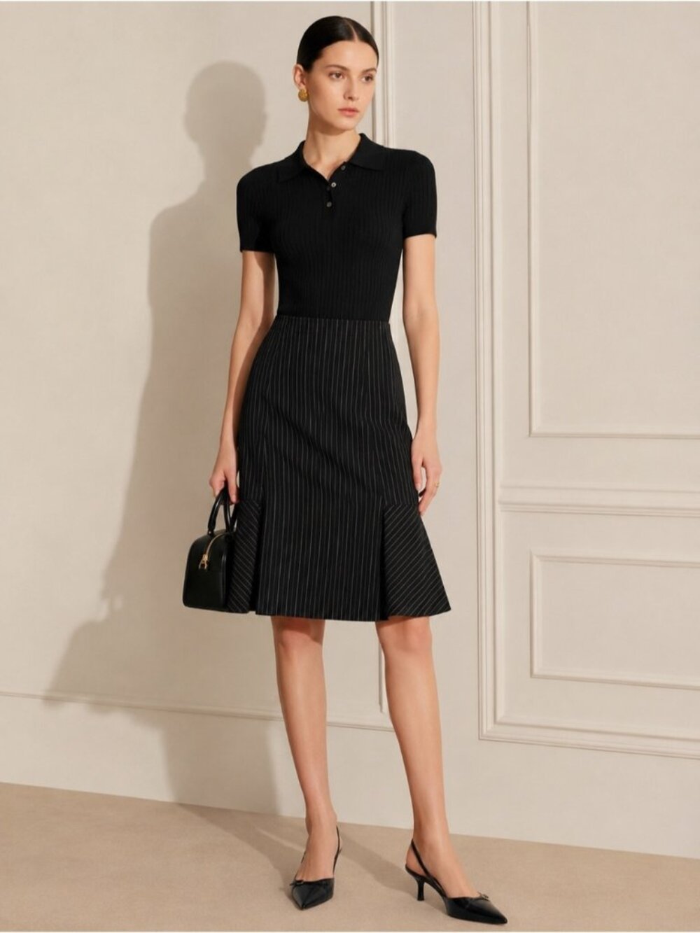 Tommy Hilfiger Classic Pinstripe Midi Flare pleated Black White Skirt Size 2 XS